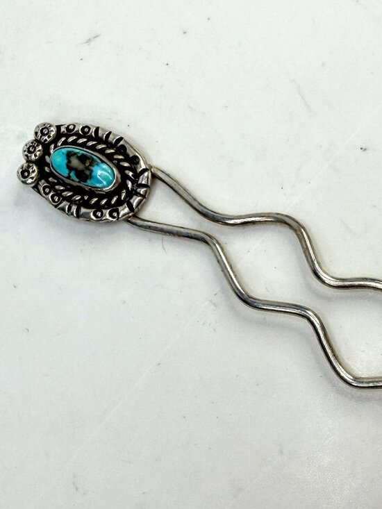 Vintage Sterling Silver Turquoise Hair Fork Native Style Handmade SS277 main image 4
